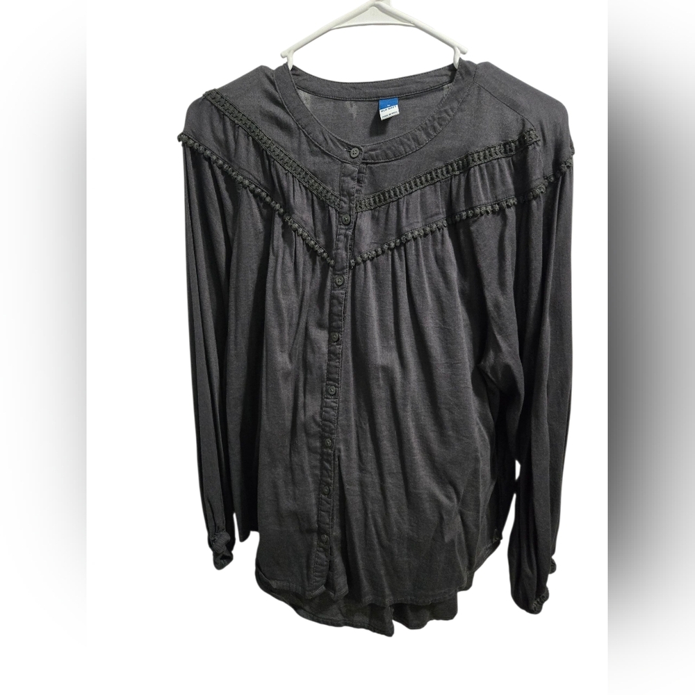 Women's Medium Old Navy Charcoal Boho Tunic Button Up Long Sleeve Top